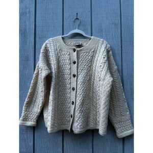 Carraig Donn Ireland Aran Pure Wool Chunky Cable Knit Button Up Cardigan Cream L